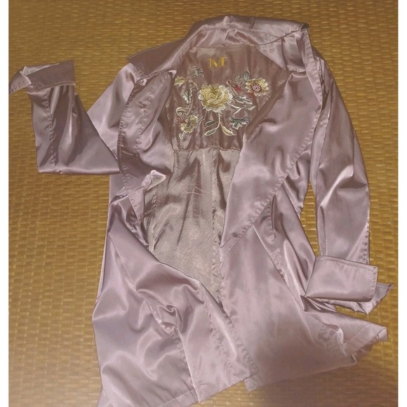 M Monogram Lavender Satin Car Coat Interior Floral Embroidery Mauve Trench L - Picture 14 of 16